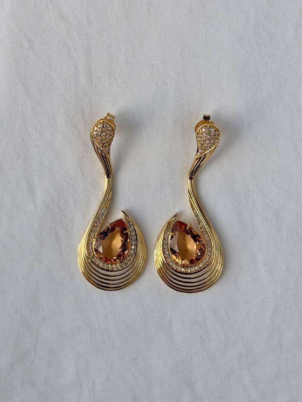 Swan Pear Stone Earrings - 18k Gold Plated - Reconstituted Imperial Topaz